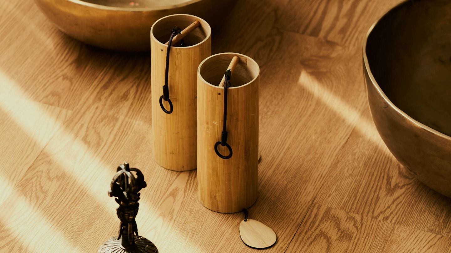 Bamboo chimes used in sound healing sessions, close-up